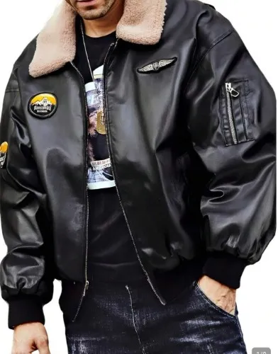 Men's PU Leather Bomber Jacket, Lamb Velvet Lapel, Zipper Closed Cycling Jacket, Suitable For Autumn And Winter, Outdoor Casual