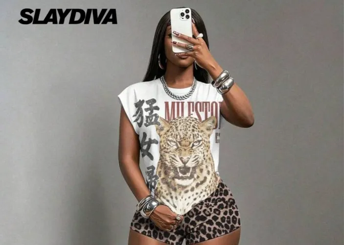Slaydiva Summer Women Two Pieces Set Sleeveless Round Neck T-Shirt & Mini Shorts,Leopard White Animal Print,Streetwear,City Break,Slim Fit Y2K Grunge Outfits