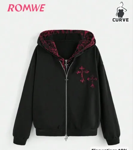 ROMWE Goth Plus Size Hooded Sweatshirt With Cross & Leopard Print Patchwork Design Graduation,Back To School,Graduation,Teacher For Women,Back To School