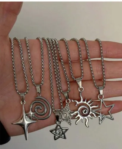 6pcs/Set Men's Vintage Gothic Punk Star, Flame, Spiral, Sun, Heart Stainless Steel Pendant Necklace Set,   Valentine's Day