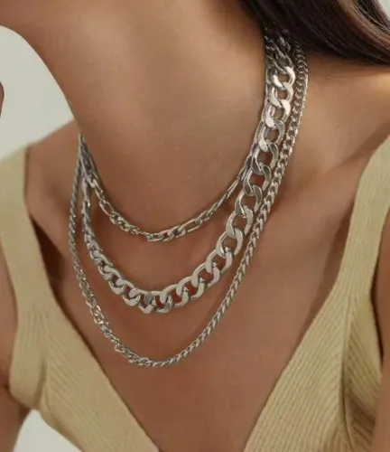3pcs/Set Punk Style Silver Chunky Chain Necklaces For Women, Multi-Layer Choker Necklace Suitable For Daily Wear