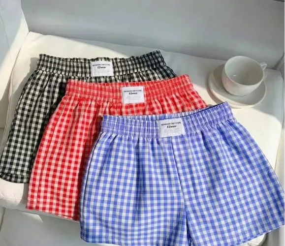 SHEIN EZwear 3pcs Comfortable Multicolor Summer Casual Home Plaid Shorts Set,Woven Fabric Dopamine Shorts For Daily Wear,,Gathering,Vacation,Party,Y2K Style