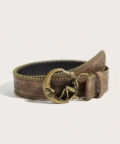 1pc Bohemian Vintage Moon Bronze Metal Brown Pattern PU Women's Western Cowboy Belt, Suitable For Outdoor Activities, Gatherings, Parties