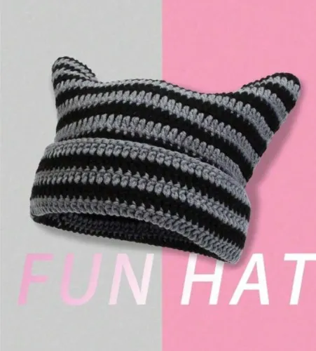 1pc Unisex Y2K Style Handmade Cat Ear Knitted Beanie, Couple Funny Gift For Valentine's Day, Christmas Party