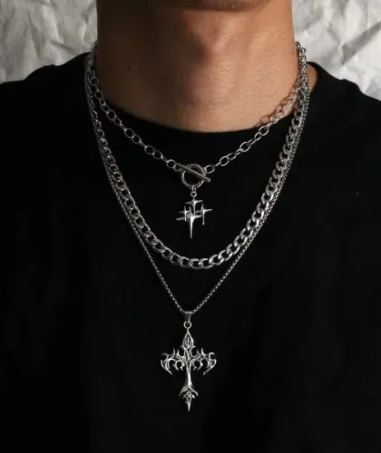 Vintage Minimalist Stainless Steel NK Cuban Chain Necklace Set, Star & Cross Layered Accessories