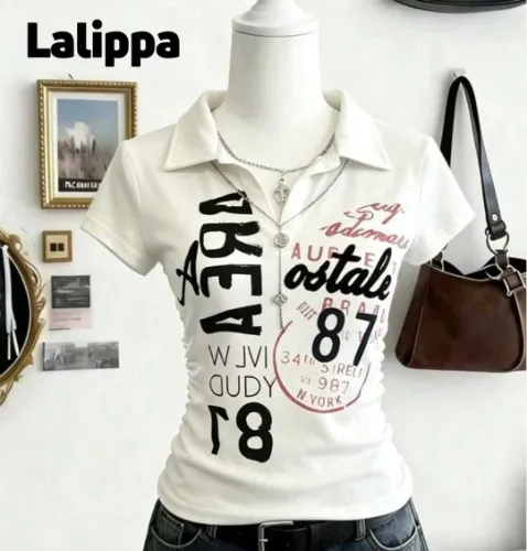 Lalippa Women's Half-Zip Short Sleeve Fashionable Printed Casual Ruched T-Shirt, Summer