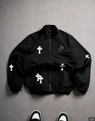 Men's Street Style Jacket, INS Matching Cross Print & Cross Leather Patch Jacket, Stand Collar Zipper Design, Suitable For Daily Wear, Outings, Sports & Leisure, School, Parties, Music Festivals. Can Be Given As A Gift To Friends Or Boyfriends. Street Fashion