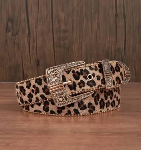 1pc Men Leopard Print Vintage Engraved Metal Buckle Faux Pearl Edged Belt