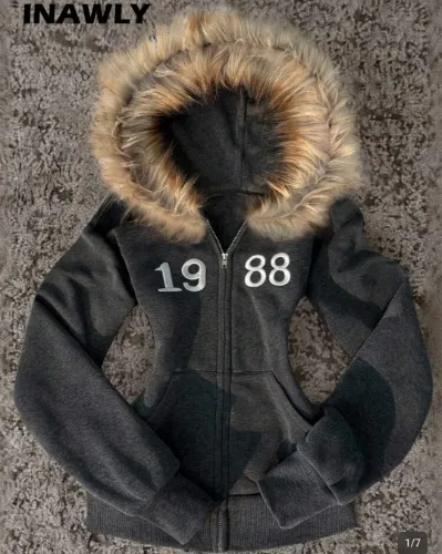 INAWLY New Vintage Casual Embroidered Thermal Lined Sweatshirt Jacket For Women, Autumn/Winter