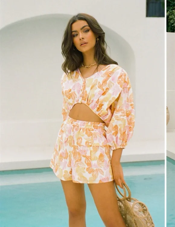 Second hand only alita orange floral short and top set 