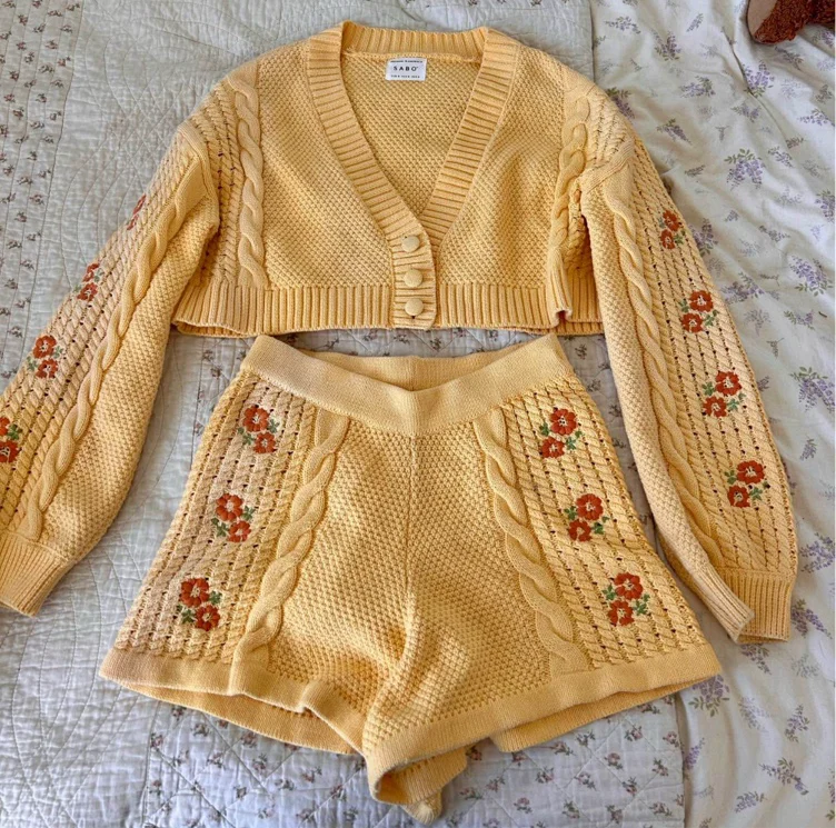 Second hand only knitted yellow with embroidered flowers. Cardigan and shorts set 