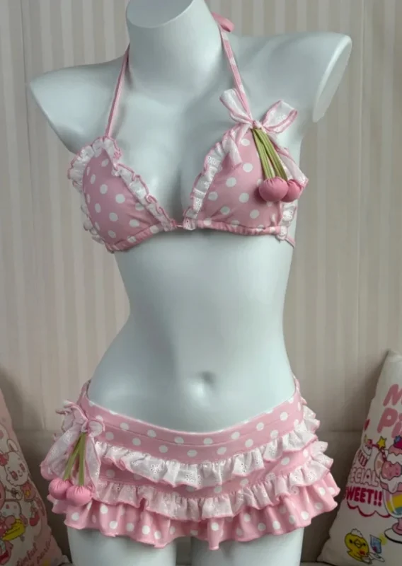 Polka Dot Red Cherry Bikinis Two Piece Swimsuit