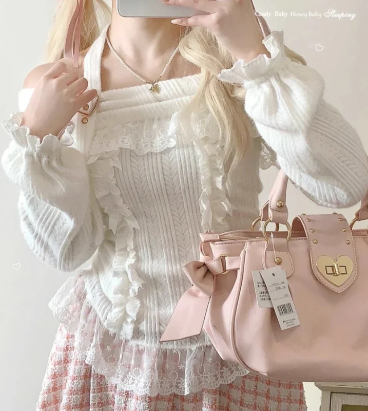 Dormir Doll Sweet Pink & White Off Shoulder Halter Neck Soft Lace Sweater