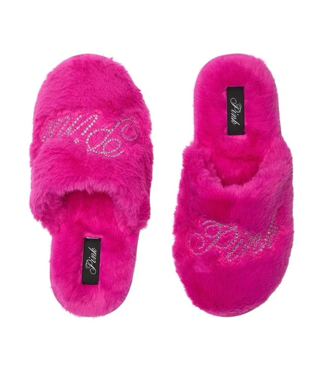 Faux-Fur Closed-Toe Slippers, Black, S - Women's - PINK