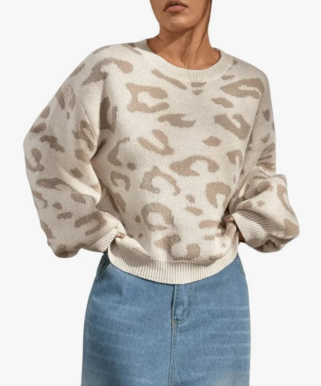 SHENHE Women's Vintage Leopard Print Crew Neck Drop Shoulder Loose Knit Pullover Sweater