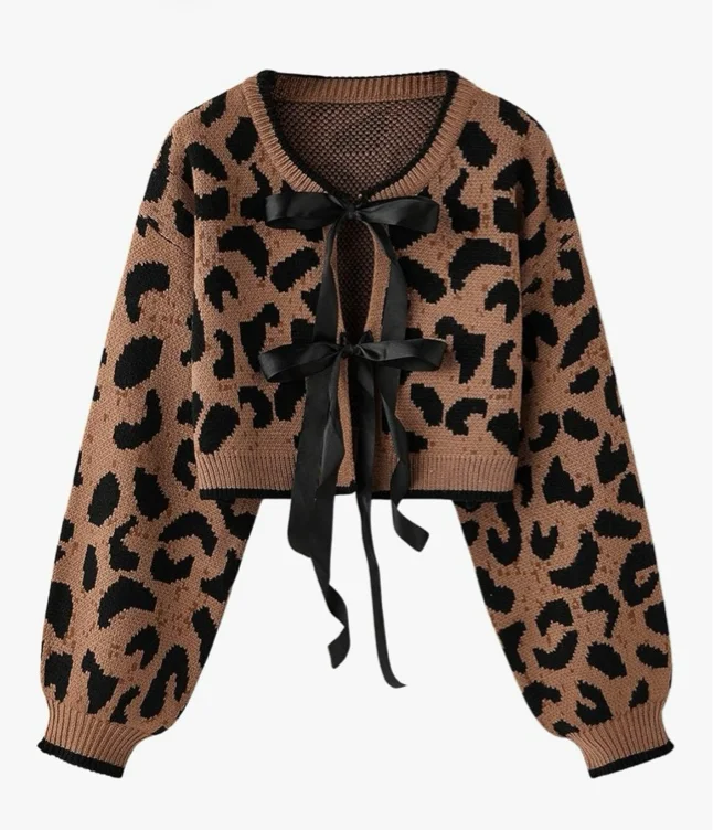 Women's Y2k Cheetah Cardigan Sweater Bow Tie Front Cardigan Leopard Print Crop Sweater Long Sleeve Crew Neck Knit Top