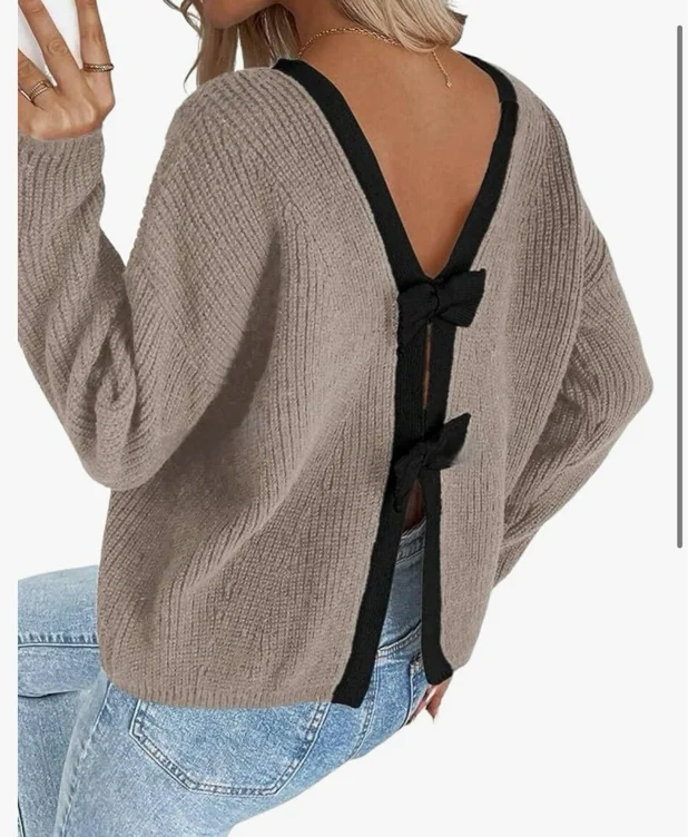 ZAFUL Sweater for Women Backless Bow Knot Decor Color Block Long Sleeves Knit Sweater Pullover