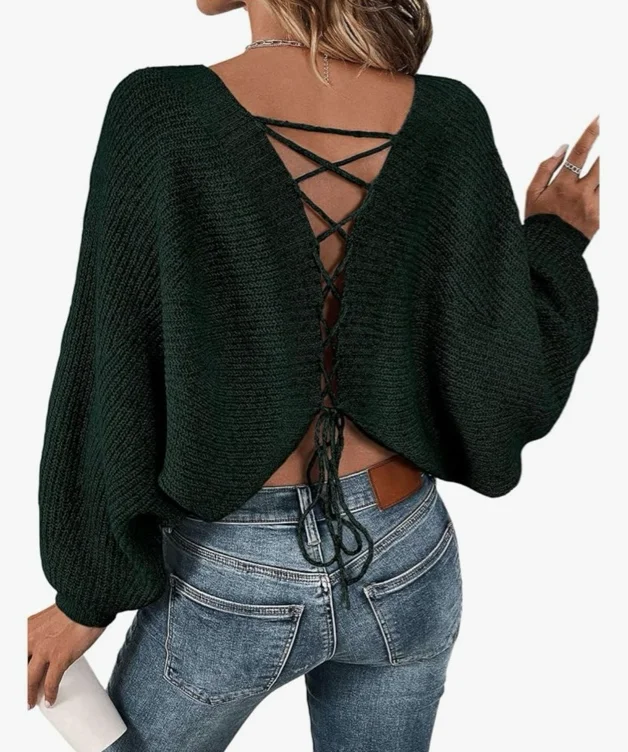 Women's Off Shoulder Lace Up Open Back Sweaters Long Sleeve Loose Pullovers Casual Knit Fall Tops