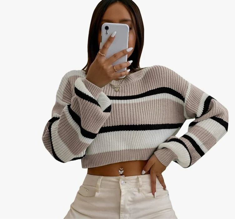 ZAFUL Women's Color Block Striped Sweater Crew Neck Lantern Sleeve Cropped Sweaters Casual Loose Knitted Tops