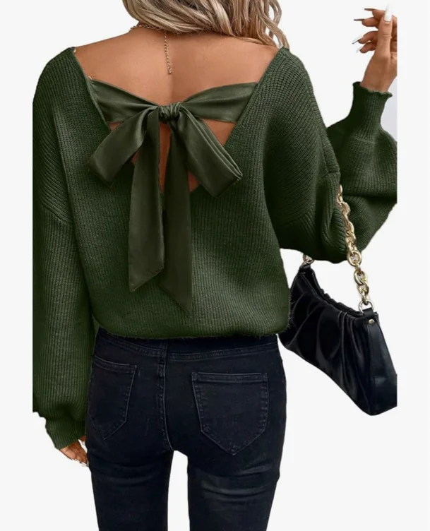 Womens Bow Back Sweater Sexy Off The Shoulder Pullover Sweaters Oversized Long Sleeve V Neck Knit Tops