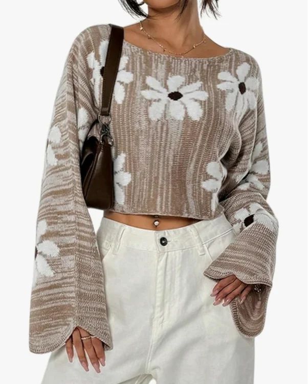Women's Floral Crop Sweaters Y2k Long Sleeve Boat Neck Knit Tops Pullovers