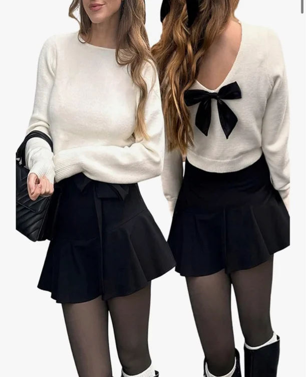 GORGLITTER Women's Bow Tie Backless Sweater Cute Long Sleeve Crewneck 2025 Fall Cozy Knitwear Jumper Tops