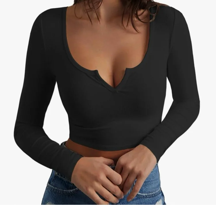 Artfish Women's Long Sleeve Scoop Neck V Notch Ribbed Slim Fitted Casual Basic Crop Top