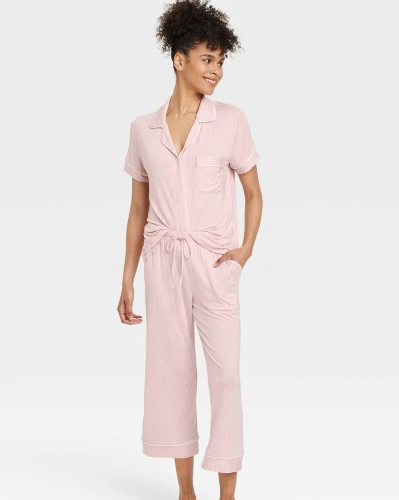 Women's Cloud Knit Modal Short Sleeve Notch Collar Top and Cropped Pants Pajama Set - Auden™ Pink S: Modal Spandex Blend