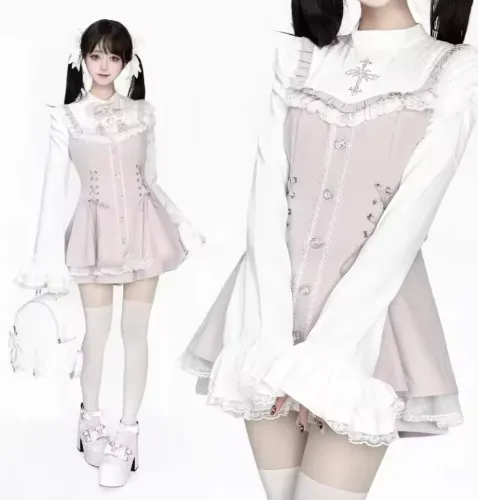 Japanese Gothic Lolita Dress Set Women Harajuku Y2k Bow Lace Ruffles Collar Mini Dresses Female Elegant Party Cute Dress