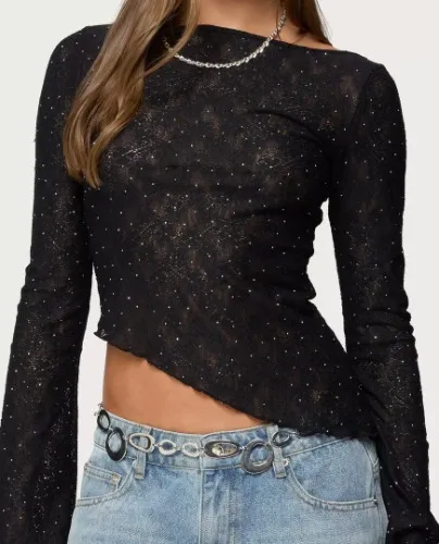 Edikted Mare Asymmetric Gem Sheer Lace Top