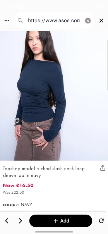 Topshop modal ruched slash neck long sleeve top in navy