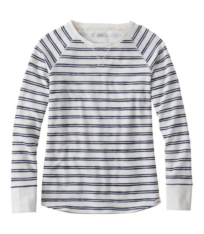 Women's Unshrinkable Mini-Waffle Tee, Long-Sleeve Crewneck Stripe