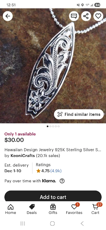 Hawaiian Design Jewelry 925K Sterling Silver Scroll Design Surfboard Pendant Necklace