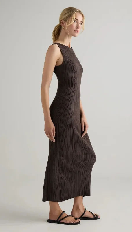 Cotton Cashmere Ribbed Sleeveless Midi Dress in Mocha Heather